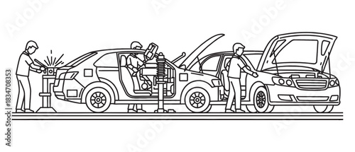 Illustration depicting multiple workers engaged in various stages of car repair and maintenance, including welding, interior work, and engine inspection.