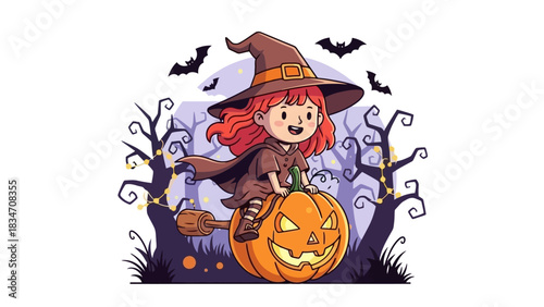 A charming cartoon illustration of a cute little witch with red hair flying on a magical Jack-o'-lantern through a spooky Halloween forest with bats