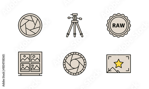 Set of six simple line art icons representing photography and image editing tools like aperture, tripod, raw format, image gallery, and rating star, isolated on