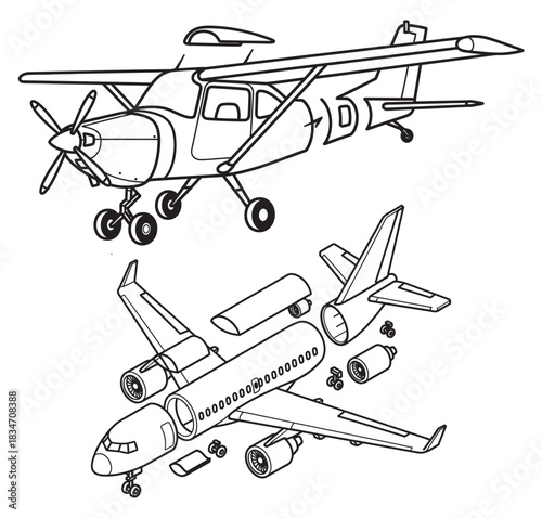 Detailed line art illustration of a small propeller plane and a disassembled jet airliner.