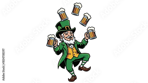 Leprechaun juggling pints of beer, St