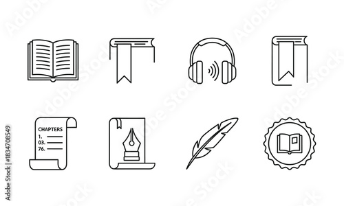 Set of eight black and white line art icons related to reading, writing, literature, and audio book concept isolated on