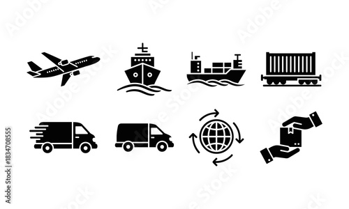 Set of black and white icons representing global logistics, shipping, air freight, cargo transport, delivery van, and package handling isolated on