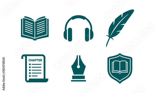 Collection of six teal colored icons representing literature, writing, education, and knowledge, isolated on