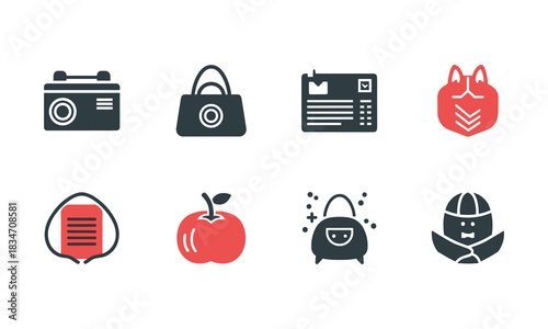 Set of eight pixelated school and daily life icons including a radio, handbag, document, cat face, onigiri, apple, small bag, and hat isolated on