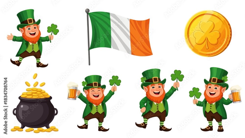 Fototapeta premium Joyful Irish celebration elements Cartoon leprechauns, lucky shamrocks, pots of gold, and the national flag, perfect for festive holiday designs and cultural event graphics