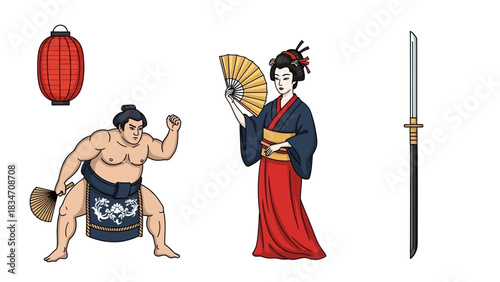 Experience the Allure of Japan with Sumo Wrestler, Elegant Geisha, and Traditional Sword in this Captivating Illustration