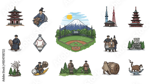 Explore Japan's vibrant culture with baseball, ancient temples, and Mount Fuji landscapes, a stunning collection for travel inspiration and cultural design