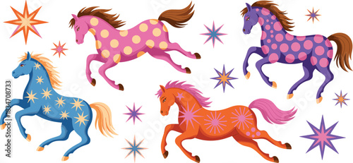 Colorful galloping horses vector, whimsical animal illustration, vibrant starburst background, fantasy equine artwork, decorative pony design, playful stylized horse pattern
