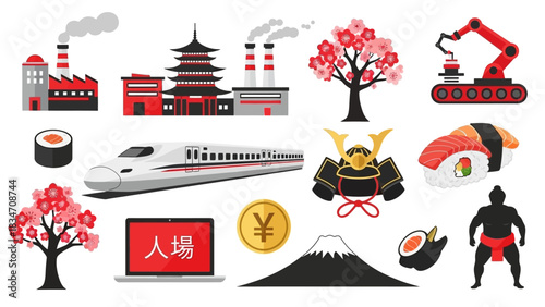 Explore Japan with this vibrant collection of iconic symbols including sushi, Mount Fuji, bullet trains, and industry, perfect for travel and culture