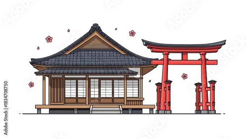 Discover a traditional Japanese shrine with a vibrant red torii gate and delicate cherry blossoms, perfect for bringing serene beauty to your project