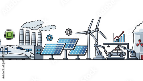Dynamic illustration showcasing a blend of sustainable energy sources with advanced technology, embodying progress and innovation for future industries