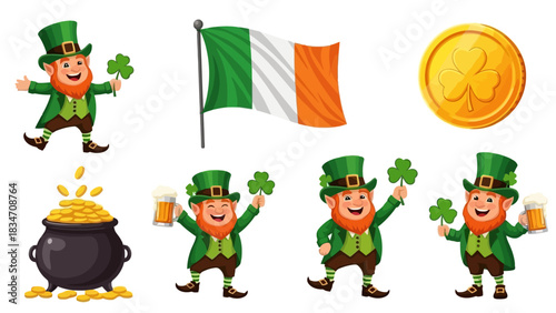 Joyful Irish celebration elements Cartoon leprechauns, lucky shamrocks, pots of gold, and the national flag, perfect for festive holiday designs and cultural event graphics