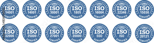 ISO certification badge set, blue vector icons, quality assurance symbols, international standard labels, compliance emblem design, certified industry illustration