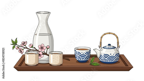 Tranquil tea ceremony scene with sakura blossoms and elegant ceramic teapot set ready for peaceful moments and mindful relaxation during springtime