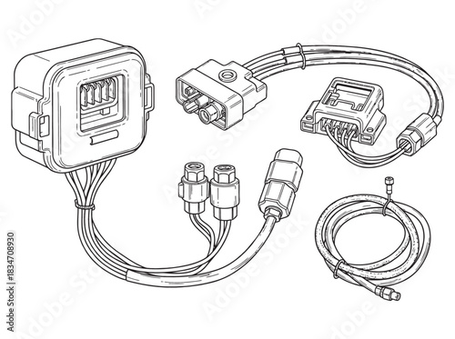 Technical line drawing of various electrical connectors, wiring harnesses, and a junction box for industrial or automotive applications.