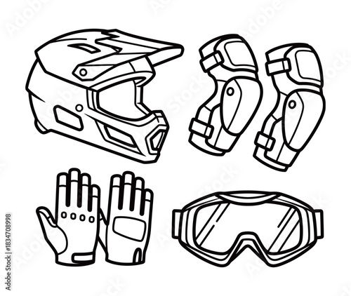 Line art illustration of motocross protective gear including helmet, goggles, gloves, and elbow pads for extreme sports safety.