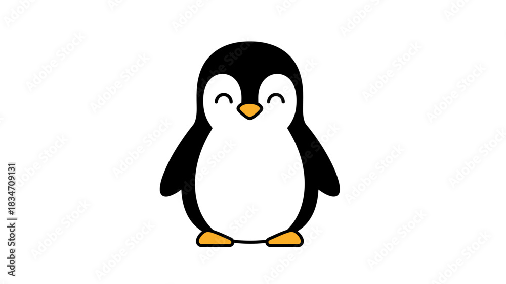 Fototapeta premium A cute and happy cartoon penguin with closed eyes and a smiling expression, standing on a white background.