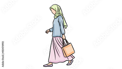 Stylish Muslim Woman Walking with Shopping Bag - Perfect for Fashion, Lifestyle, and Cultural Content - Expressive and Modern Design Style Artwork