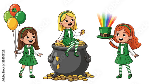 Three cute girls in green leprechaun costumes celebrating St. Patrick's Day with a pot of gold, balloons, and a rainbow hat