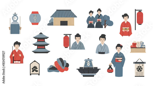 Explore Japanese culture featuring geishas, temples, and traditional lanterns in a vibrant set, perfect for travel designs and cultural presentations