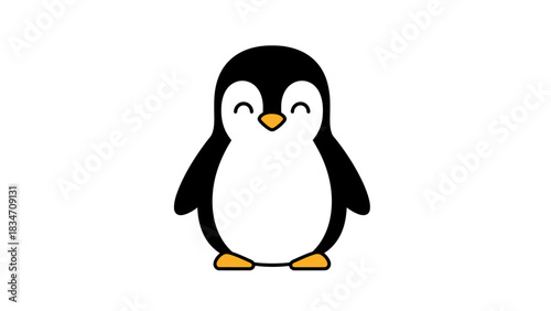 A cute and happy cartoon penguin with closed eyes and a smiling expression, standing on a white background.