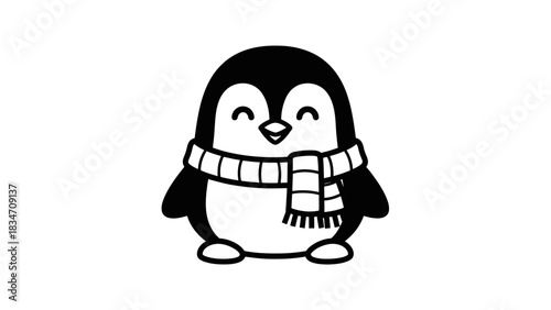 Charming Penguin in Scarf: A cute cartoon penguin, clad in a cozy scarf, exudes warmth and cheerfulness, embodying the spirit of winter.