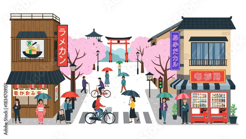 Beautiful Japanese street with cherry blossoms in full bloom and people with umbrellas, perfect for travel blogs or cultural presentations