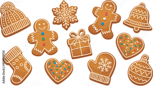 Christmas gingerbread cookies, festive holiday treats, decorated winter sweets, colorful icing designs, seasonal baking, cute shapes, holiday celebration, traditional dessert, vector illustration
