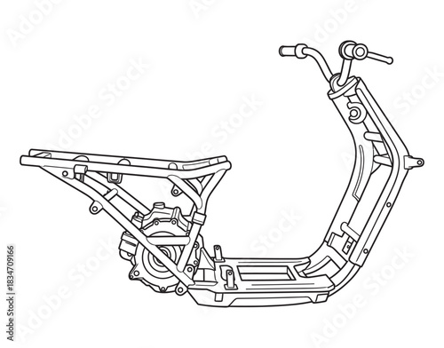 Line drawing of a scooter chassis, showing the structural frame without body panels.