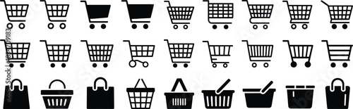 Shopping cart icon set, black vector symbols, basket and bag silhouettes, e-commerce UI elements, retail interface design, minimal graphic illustration