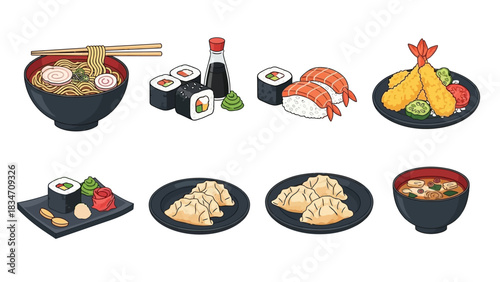 Delicious Japanese cuisine featuring sushi, ramen, gyoza, and tempura, perfect for menus, culinary blogs, and vibrant food-themed designs