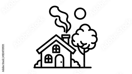 A simple line drawing of a house with smoke coming out of the chimney, a tree, and the sun in the sky.