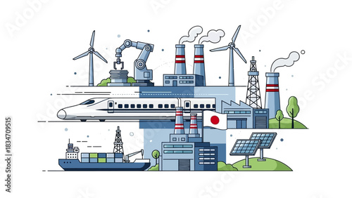 Dynamic illustration of Japan's industry and infrastructure showing trains, factories, wind turbines, and solar panels, reflecting innovation and progress