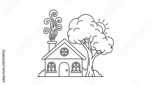 A charming line drawing of a house with smoke coming from the chimney, a large tree, and the sun shining.