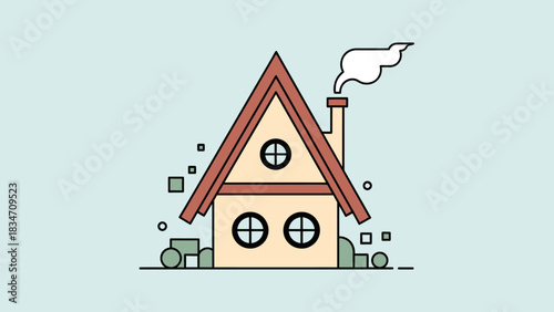 A charming flat design illustration of a cozy house with an A-frame roof, round windows, and smoke rising from its chimney, surrounded by simple geometric bushes.