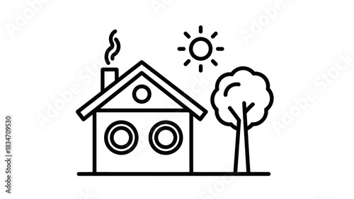 Line art illustration of a cozy house with a smoking chimney, a bright sun, and a tree in a simple outdoor scene.