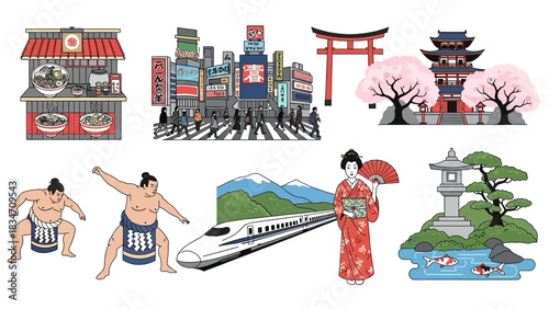 Experience vibrant Japanese culture with ramen, cityscapes, shrines, sumo, trains, geishas, and gardens in this delightful collection of icons