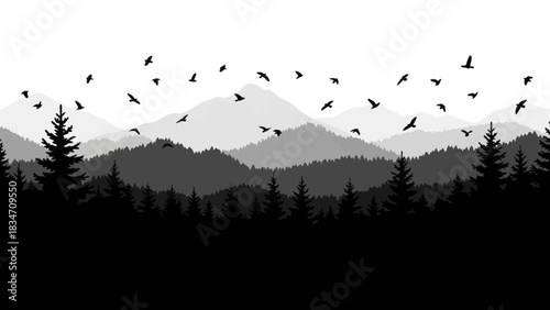 Monochrome landscape with layered mountains, a dense pine forest, and a flock of birds flying in the sky.