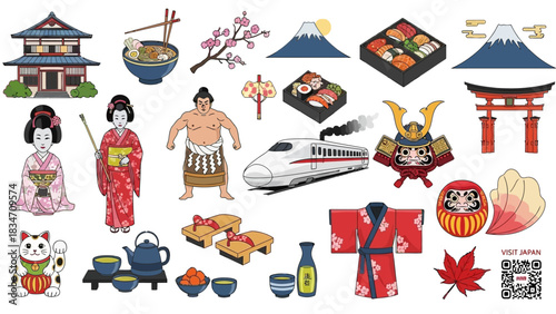 Experience Japan's cultural icons and cuisine with this vibrant collection of traditional symbols, perfect for travel promotions and educational materials!