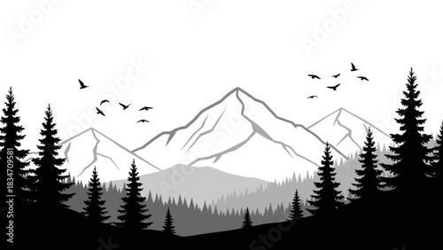 A minimalist black and white illustration of a majestic mountain range with silhouetted pine trees in the foreground and birds flying in the sky.