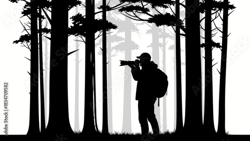 A silhouette of a photographer in a forest, capturing nature with a camera.
