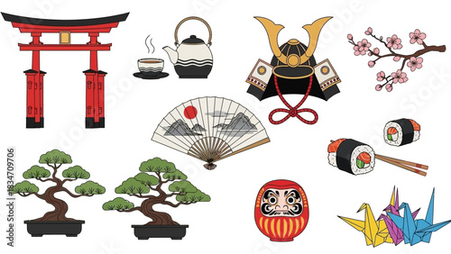 Discover captivating Japanese culture with iconic symbols like torii gates, bonsai, origami cranes, and tasty sushi for your next creative project