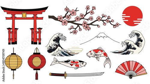 Experience authentic Japanese culture with iconic symbols like Torii gates, Mount Fuji, cherry blossoms, and koi fish for a vibrant, creative aesthetic