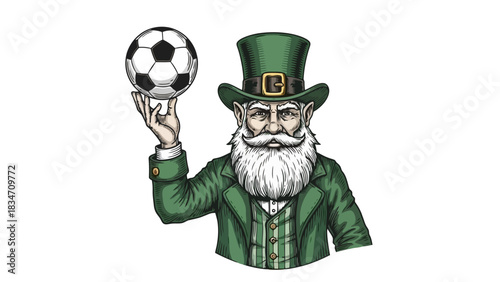 Leprechaun holding a soccer ball, symbol of luck and sport in a playful, Irish-themed illustration