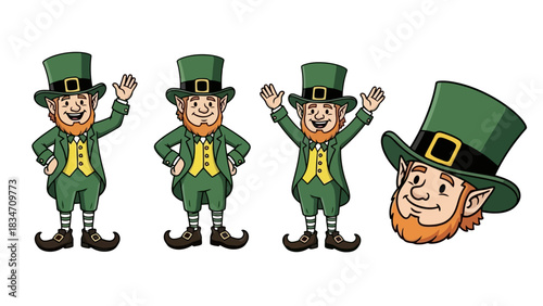 A charming and cheerful cartoon character dressed in vibrant green attire, featuring a top hat and suit, standing with a friendly wave, symbolizing good fortune and festive spirit