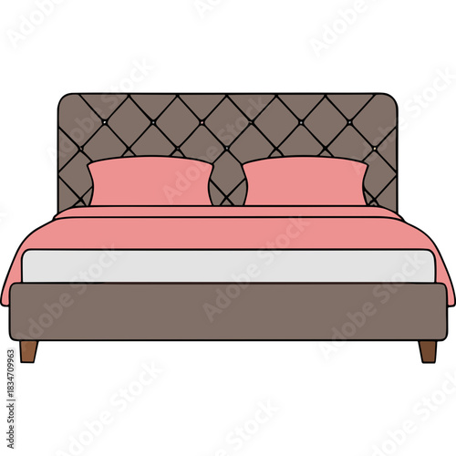 Comfortable Tufted Headboard Bed with Plush Pink Linens and Dark Brown Frame Illuminated by Soft Light Ideal for Bedroom Decor and Sleep Concepts