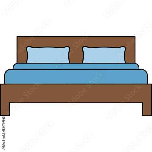 Comfortable Wooden Bed Frame With Two Light Blue Pillows And Matching Blue Bedding Set In A Simple Minimalist Design