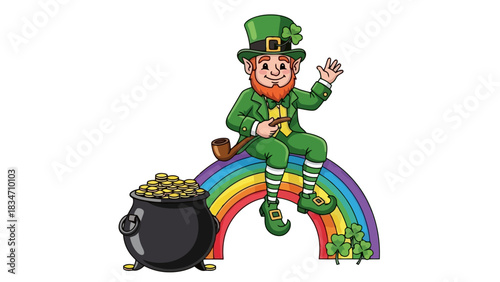Lucky Leprechaun Sitting on a Rainbow with Pot of Gold and Shamrocks, Illustrative Artwork
