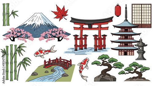Discover vibrant Japanese cultural icons, featuring Mount Fuji, torii gates, koi fish, cherry blossoms, and tranquil bonsai trees for travel inspiration